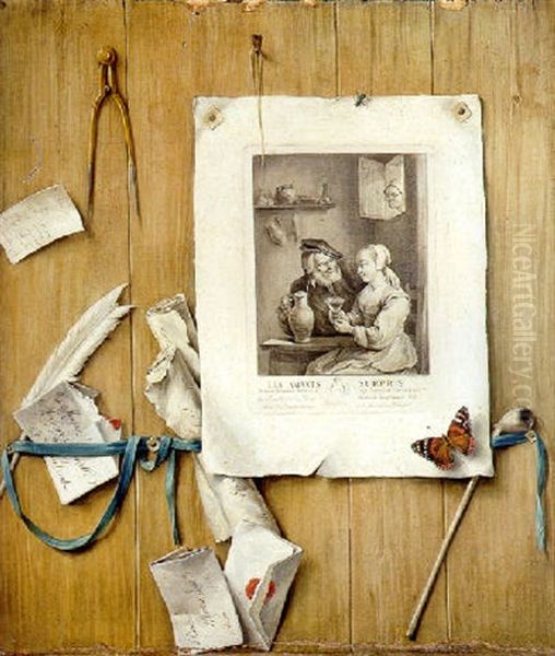 A Trompe L'oeil Of An Engraving Of David Tenier Ii's Surprised Lovers, Letters, A Bill And Other Objects Attached To A Partition - view 1