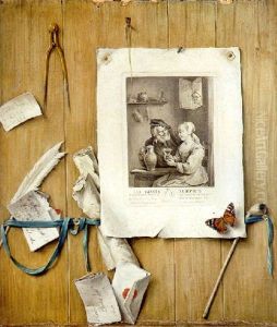 A Trompe L'oeil Of An Engraving Of David Tenier Ii's Surprised Lovers, Letters, A Bill And Other Objects Attached To A Partition by Gabriel Gresly