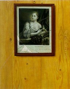 Trompe L'oeil Still Life Of A Print Under Broken Glass Hanging On A Wooden Board by Gabriel Gresly