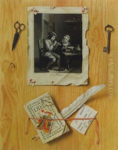 Trompe L'oeil Still Life Of A Print, A Letter, A Pamphlet, A Playing Card, A Quill Pen, Scissors And A Key, All Tacked To A Wooden Board by Gabriel Gresly