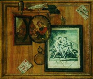 A Trompe L'oeil Still Life Of A Print, A Miniature. . . A Trompe L'oeil Still Life Of A Print, A Miniature. . .