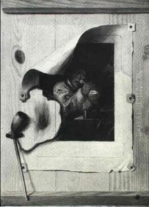 Trompe L'oeil Still Life With Lit Pipe Burning A Print Of A Man Shaving, All Tacked Onto A Wooden Board