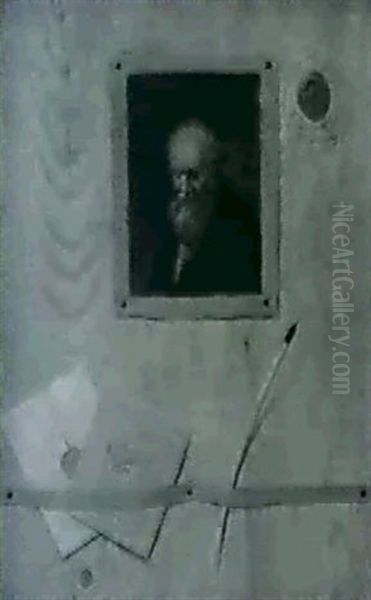 Trompe-l'oeil: Portrait D'homme Et Lettre Et Plume D'oie    Retenues Par Un Ruban Rouge - view 1