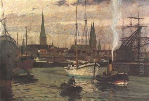 Im Hafen Von Lubeck, Im Hintergrund Die Turme Von St. Marien Und St. Petri by Carlos Grethe
