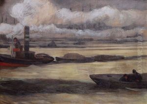 Schutenzug Bei Morgendammerung Im Hamburger Hafen Schutenzug Bei Morgendammerung Im Hamburger Hafen
