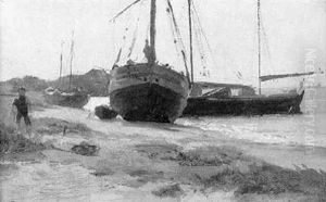 Kuste Mit Angelandeten Segelschiffen by Carlos Grethe