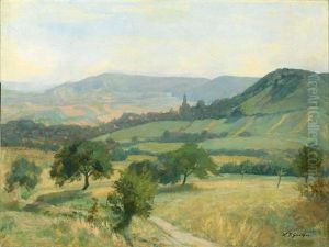 Hugelige Landschaft Mit Kirchdorf An Einem Sommertag by Ferdinand Karl Grether