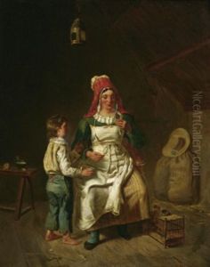 Mutter Und Sohn In Der Stube, Ein Vogelkuken Futternd by Anne Genevieve Greuze