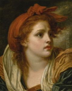 L'effroi," A Young Girl, Bust-length, With Her Hair Tied In A Red Scarf by Jean Baptiste Greuze