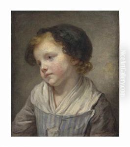 A Young Girl, Bust-length, In A Blue And White Striped Pinafore With Grey Sleeves And A Black Lace Bonnet by Jean Baptiste Greuze