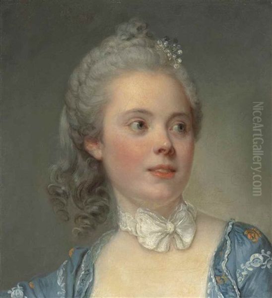 Portrait Of A Lady, Bust-length, In An Embroidered Blue Dress With A White Lace Ribbon Tied In A Bow At Her Neck - view 1