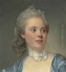 Portrait Of A Lady, Bust-length, In An Embroidered Blue Dress With A White Lace Ribbon Tied In A Bow At Her Neck by Jean Baptiste Greuze