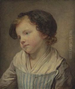 Portrait Of A Young Girl, Bust-length, In A Blue And White Striped Pinafore With Grey Sleeves And A Black Lace Bonnet