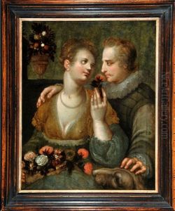 Verliebtes Paar Mit Blumenkorb by Jean Baptiste Greuze