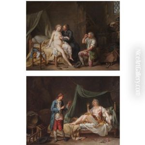 A Bedroom Scene With A Female Nude And Two Male Figures (+ A Bedroom Scene With A Woman Shunning A Man's Advances; Pair) by Jean Baptiste Greuze