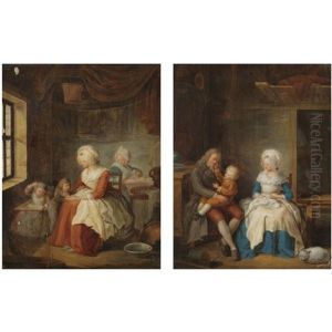 An Interior With A Couple Playing With Their Child (+ An Interior With A Mother Playing With Two Children, A Maid Beyond; Pair) by Jean Baptiste Greuze