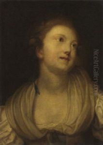 Portrait Of A Young Lady In A Beige Decollete Dress With A Blue Ribbon by Jean Baptiste Greuze