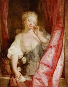 Le Baiser Envoye: A Lady En Deshabille Holding A Letter At A Window by Jean Baptiste Greuze