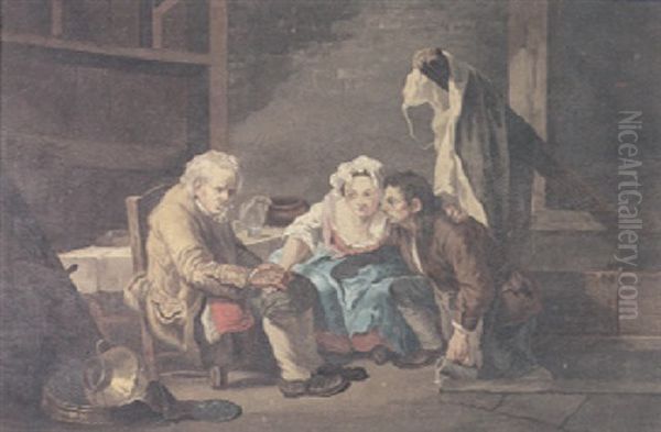 An Interior Scene With An Old Man And A Young Couple - view 1