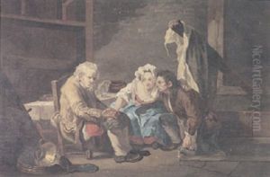 An Interior Scene With An Old Man And A Young Couple