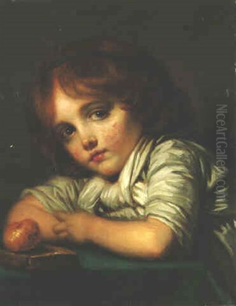 A Young Girl Leaning On A Table With An Apple - view 1