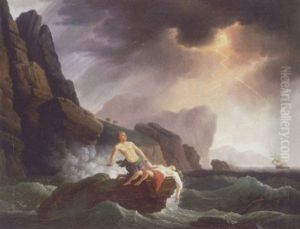 Klippekyst I Uvejr Med Strandet Skib Og Skibbrudne Personer by Johan Sophos Werner Greve