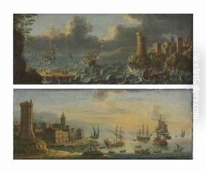 A Capriccio View With A Galleon And Various Vessels At Sunset; And A Rocky Inlet With Ships In Stormy Waters, A Shipwreck In The Foreground by Charles-Leopold Grevenbroeck