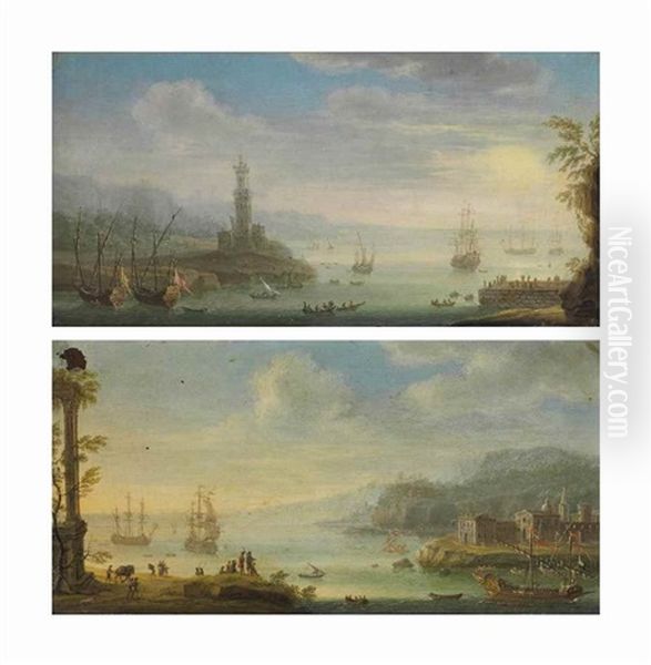 An Italianate Harbor With A Barge, Men-o'-war And Other Shipping, A Walled Town Beyond; And An Italianate Harbor With Men-o'-war And Other Shipping - view 1