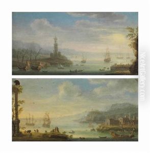 An Italianate Harbor With A Barge, Men-o'-war And Other Shipping, A Walled Town Beyond; And An Italianate Harbor With Men-o'-war And Other Shipping by Charles-Leopold Grevenbroeck