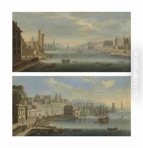 A View Of The Riviera Di Chiaia, Naples, With The Palazzo Reale, San Vincenzo And A View Of The Seine, Paris, With The Tour De Nesle (a Pair) by Charles-Leopold Grevenbroeck