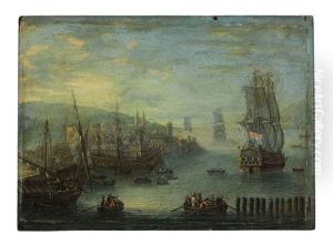 A Port With Moored Ships, Rowboats And A Man-of-war