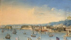 A View Of Naples From The Sea With A British Man-o-war Firng A Salute by Charles-Leopold Grevenbroeck