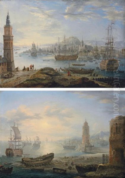 A Busy Port With Three-masters (+ A Coastal Inlet With Three-masters And Other Boats; Pair) - view 1
