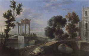 An Imaginary Classical Landscape With Shepherds And Their Flock On A Bridge, And An Elegant Couple Near A Palace
