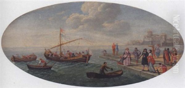 A Coastal Scene With Figures On A Quay And Small Vessels - view 1