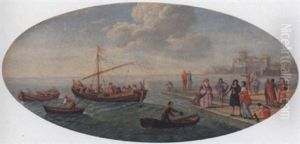 A Coastal Scene With Figures On A Quay And Small Vessels by Charles-Leopold Grevenbroeck