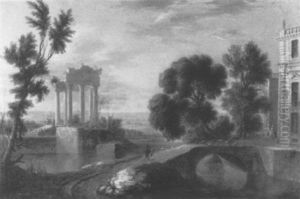 Paysage Avec Ruines Et Palais Anime De Personnages by Charles-Leopold Grevenbroeck