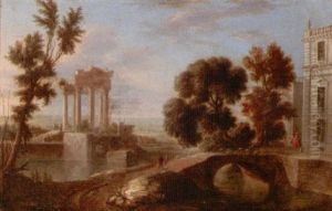 The Grounds Of A Palace With Elegant Figures Promenading, A Flock Of Sheep Being Driven Over A Bridge, Ruins Beyond by Charles-Leopold Grevenbroeck