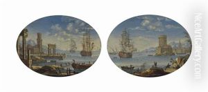 A Capriccio Of An Inlet Near A Fortified Town With A Three-master Man-o'-war At Anchor; And A Capriccio Of A Mediterranean Harbour With Oriental Merchants by Orazio Grevenbroeck