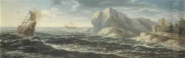 Shipping In Choppy Waters Off A Rocky Coastline - view 1