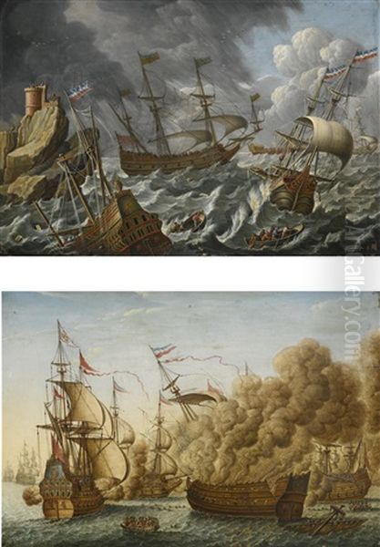 Shipping Vessels In A Storm; War Ships In A Calm Sea (pair) - view 1