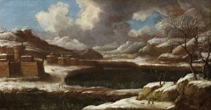 A Winter Landscape With Huntsmen And Their Dog In The Foreground by Orazio Grevenbroeck