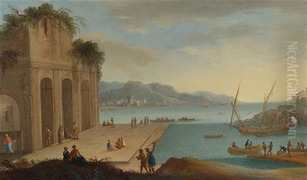 Hafenszene Mit Einer Flotte (+ Tempelruine In Einem Hafen; Pair) - view 1