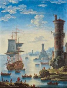Marine Animee De Personnages A L'entree D'un Port by Orazio Grevenbroeck