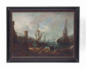 A Mediterranean Harbour With Figures Conversing And Playing Cards In The Foreground, Others Unloading Ships, And Men-of-war By A Fortress On The Docks