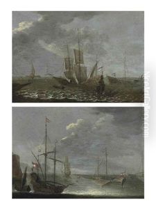 Shipping In A Fresh Breeze (+ A Kaag And Other Shipping Offshore In Calm Waters; Pair) by Orazio Grevenbroeck
