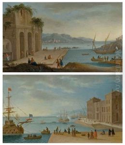 Deux Ports Italianisants Au Lever Et Au Coucher Du Soleil (pair) by Orazio Grevenbroeck