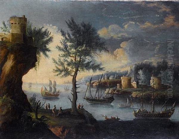 A Coastal Inlet With Shipping At Anchor (+ A Rocky Coastline With Shipping At Anchor Beyond; Pair) - view 1