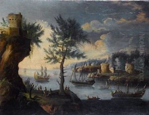 A Coastal Inlet With Shipping At Anchor (+ A Rocky Coastline With Shipping At Anchor Beyond; Pair) by Orazio Grevenbroeck
