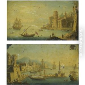 A Capriccio Costal View Of A Mediterranean Town With A Ship Moored Offshore (+ A Capriccio Of A Mediterranean Harbour Scene; Pair)